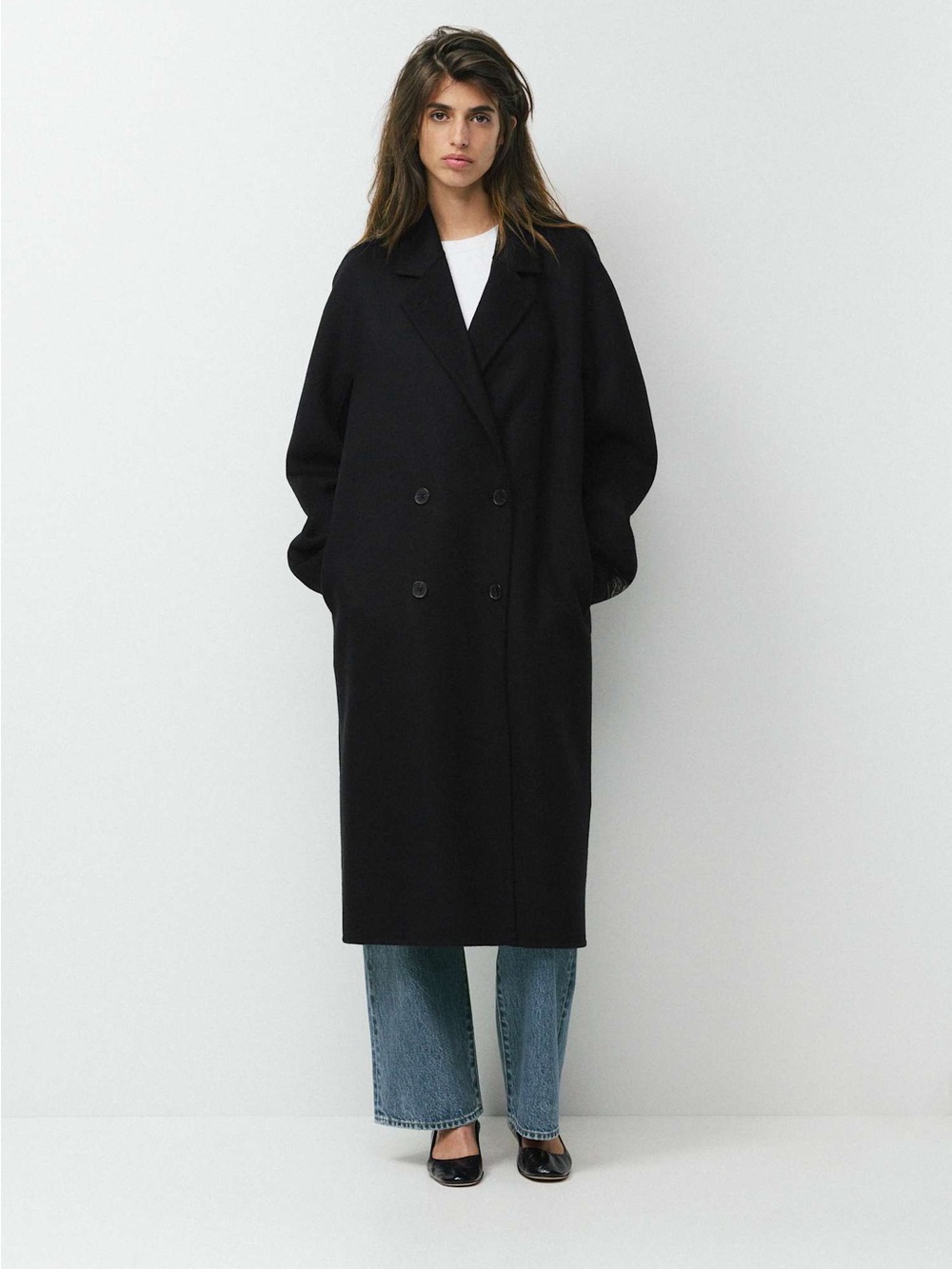 Vintage 100% Wool Double-Breasted Black Long Trench Coat